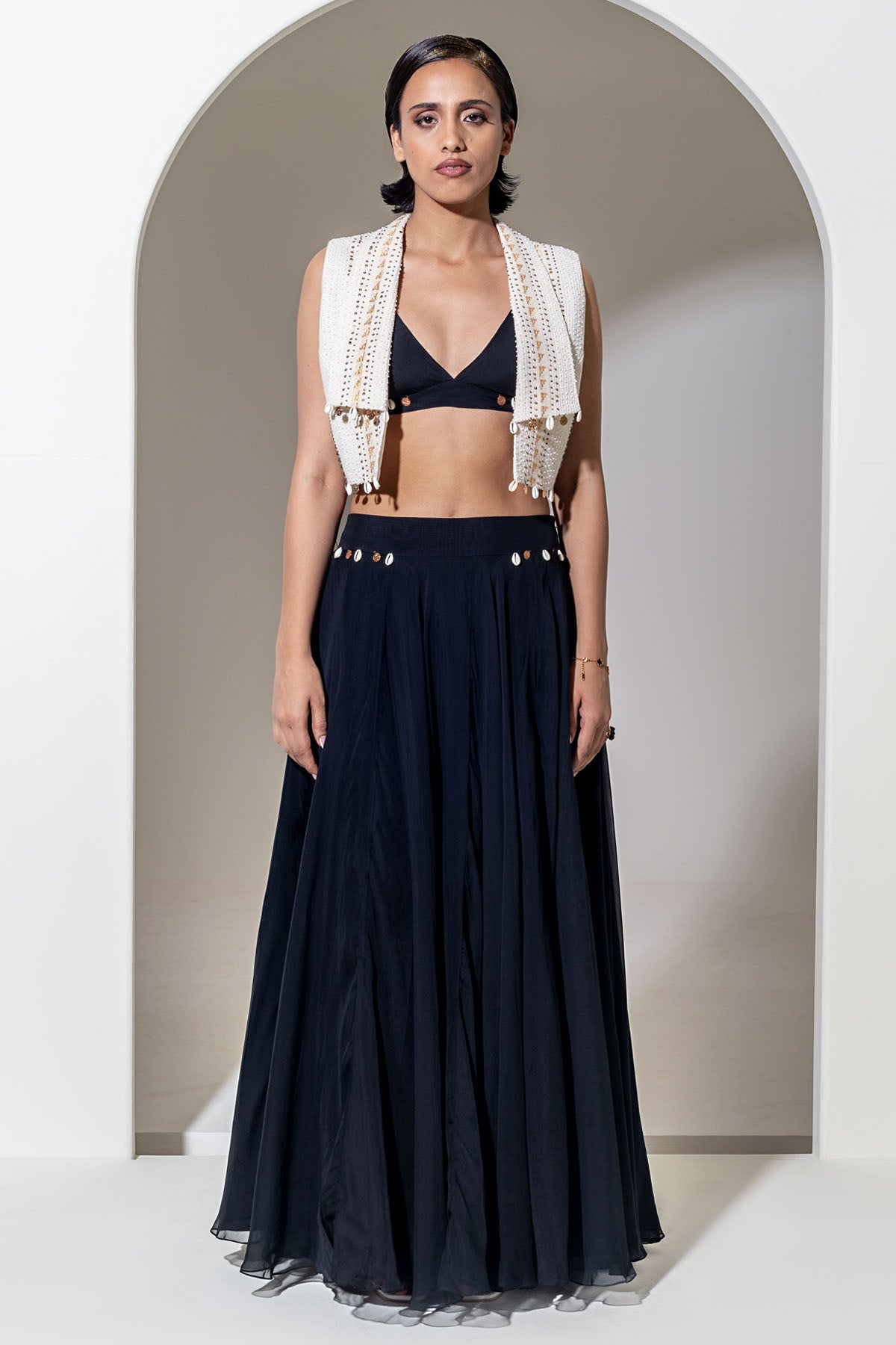 Designer Kusmi Cascade Charm: Ivory Cropped Jacket with Delicate Seashell Details For Women at ScrollnShops